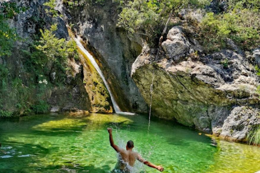 Hiking and swimming at the waterfall of Saint Kori, Vrontou Olympos