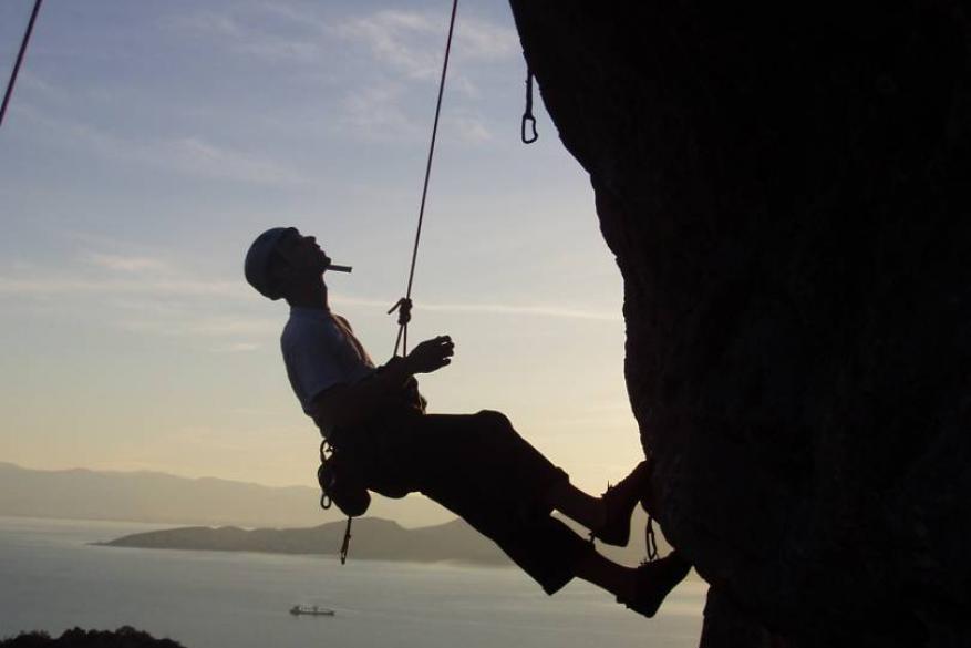 Climbing in the valley of the Diarizos river on Kourtelorotsos rock in Cyprus