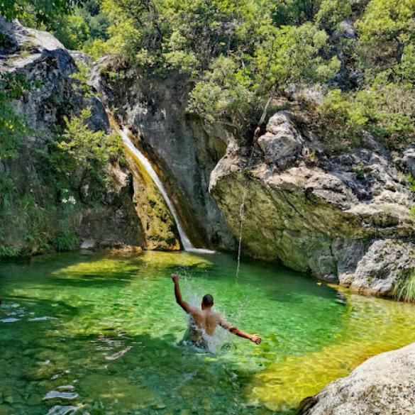 Hiking and swimming at the waterfall of Saint Kori, Vrontou Olympos